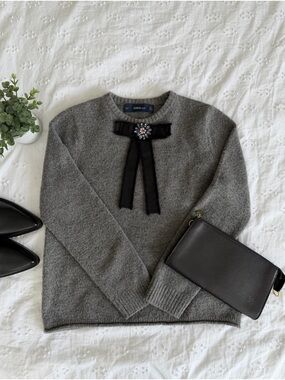 Zara Grey Crewneck Sweater with Black Ribbon and Jewel Accent